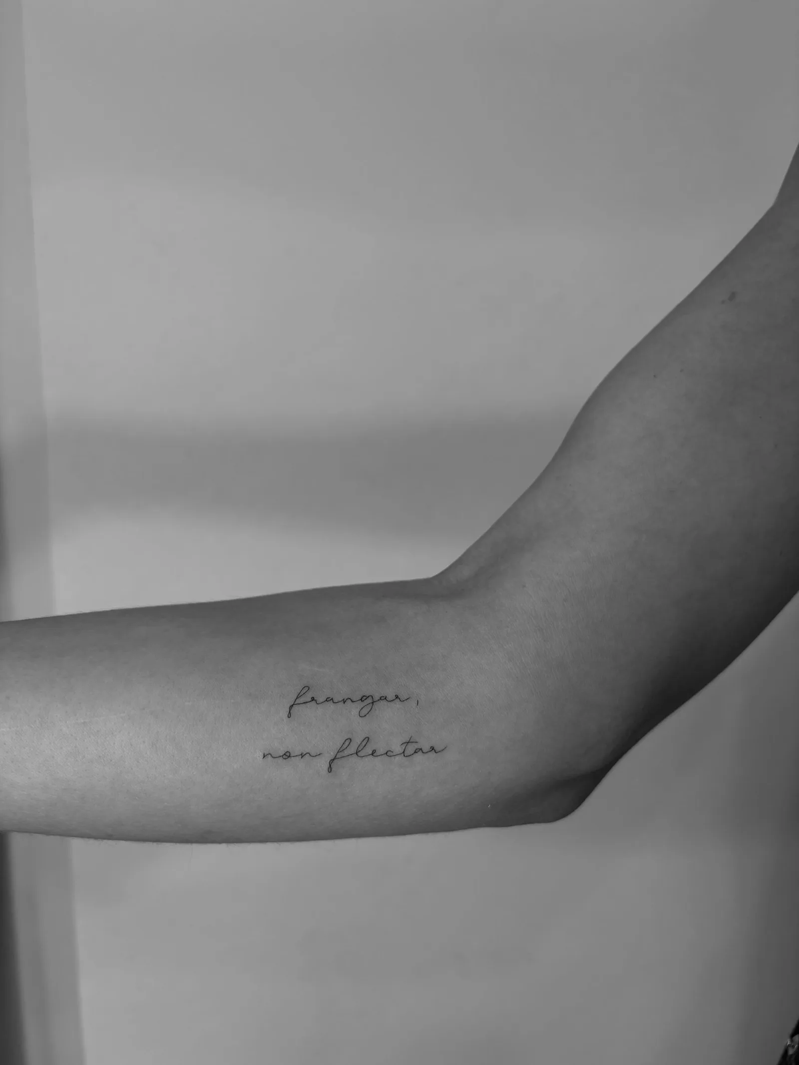 43) "Frangar, non flectar" en cursiva en el antebrazo