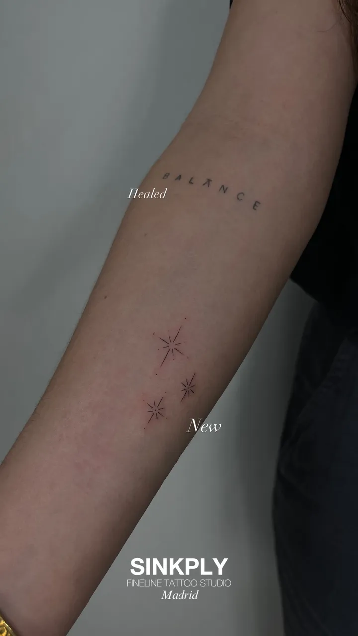 Lettering 'Balance' fine line cicatrizado — Sinkply Tattoo Madrid
