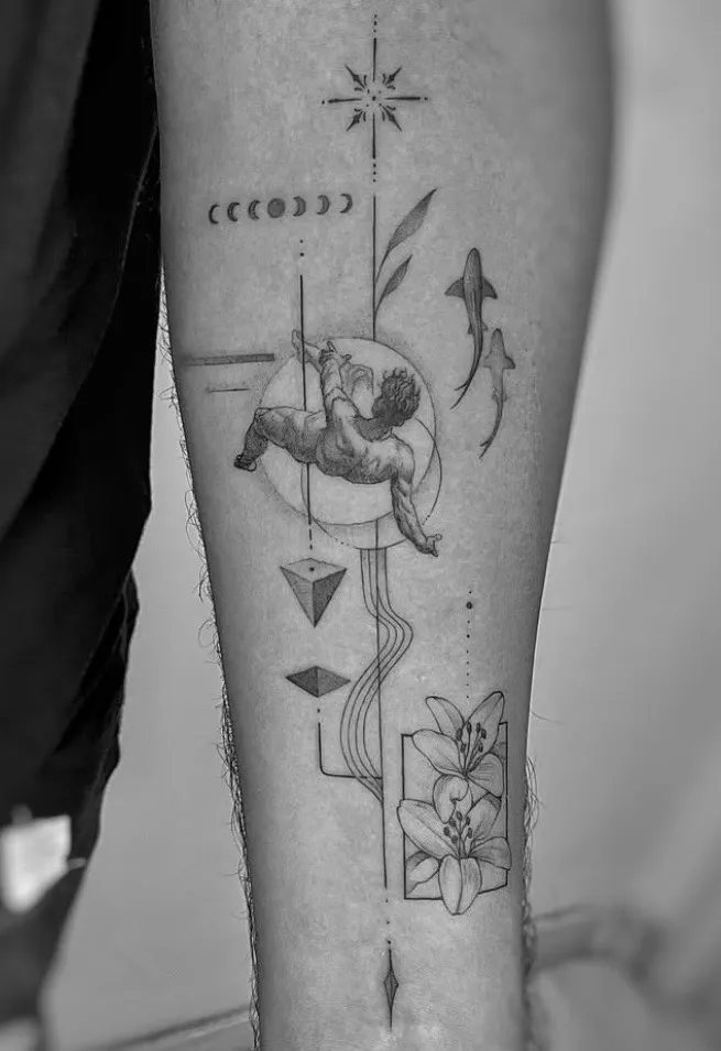 Tatuaje microrealismo geométrico figura escalando luna con tiburones y lirios madrid