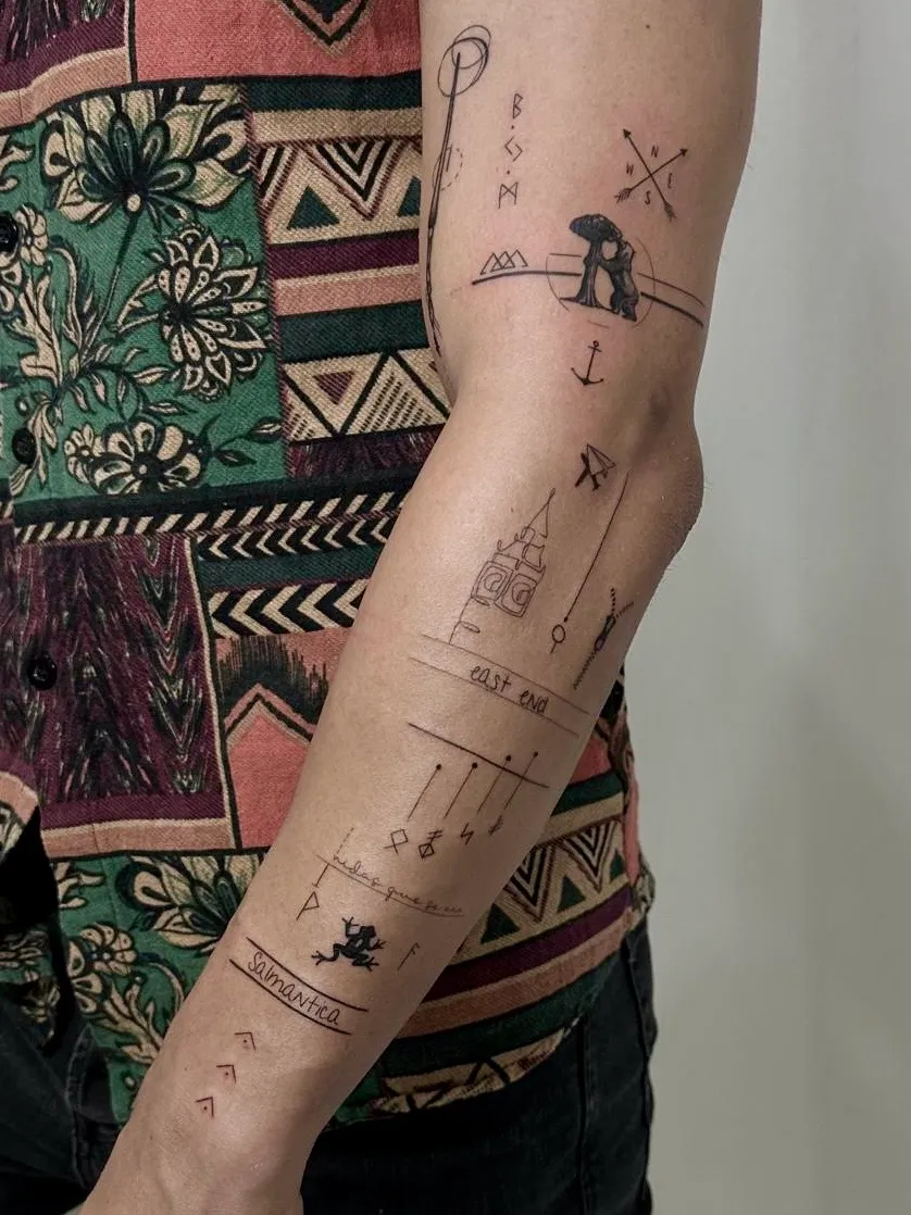 Tatuaje microrealismo geométrico Salmantica East End narrativo viaje en antebrazo madrid