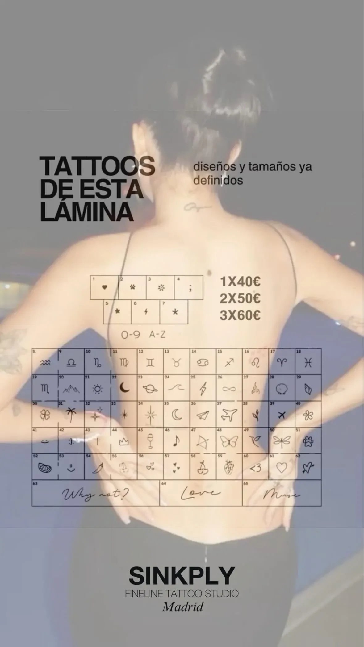 Lámina de mini tattoos fine line de Sinkply Madrid: 65 diseños numerados, 1 por 40€, 2 por 50€, 3 por 60€