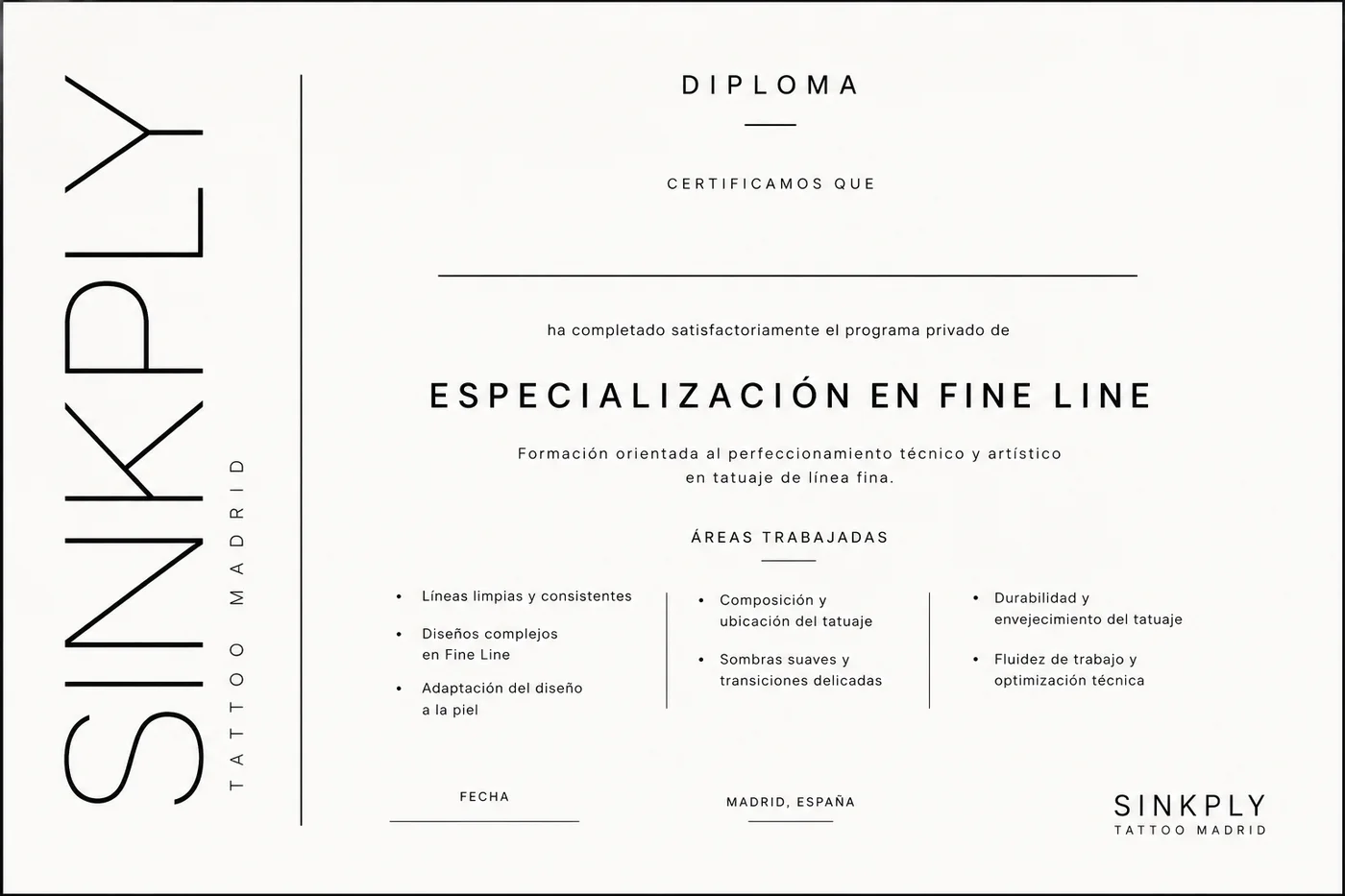 Diploma de participación del seminario de especialización en fine line de Sinkply Tattoo Madrid