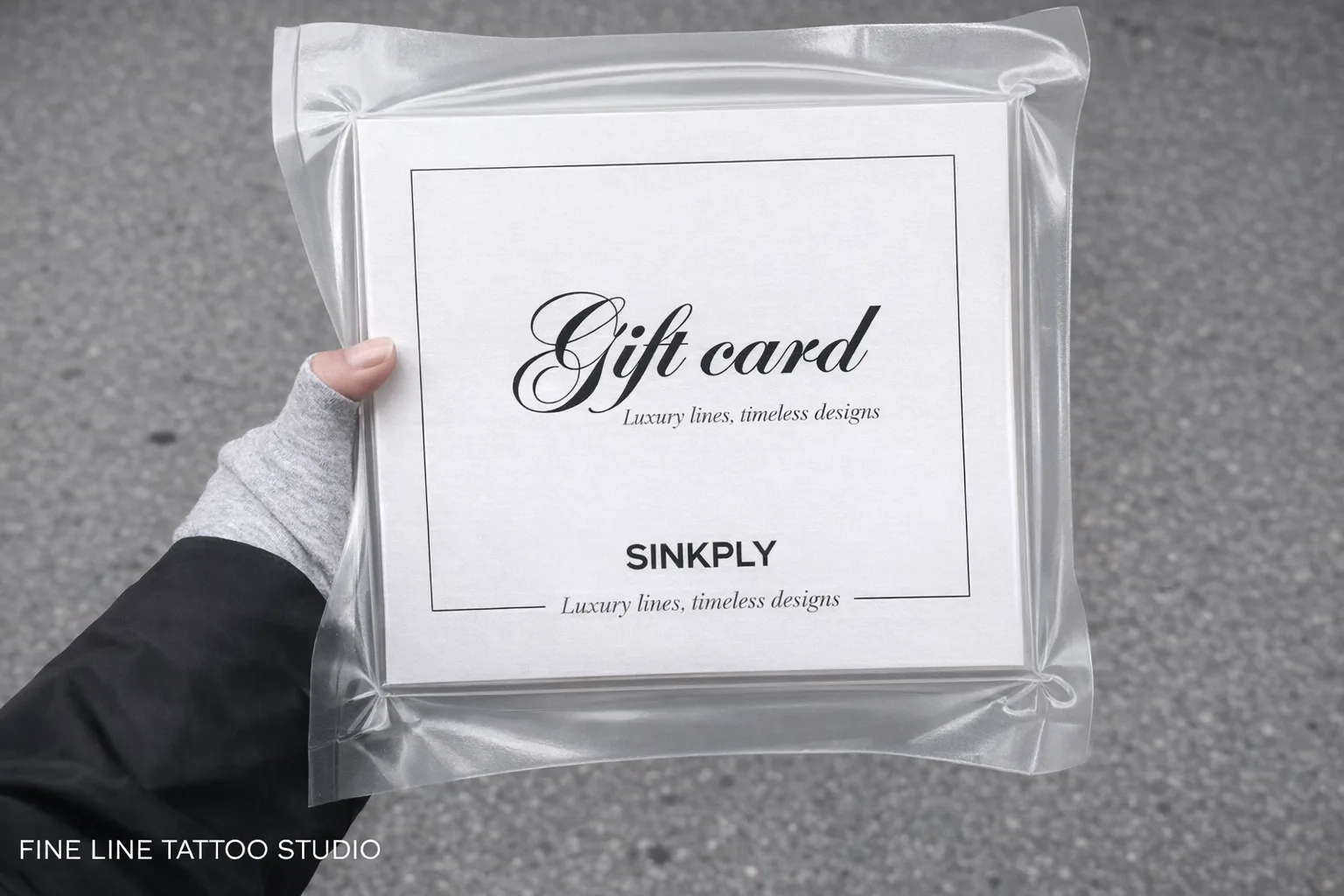 Sinkply Tattoo Madrid gift card — editorial B&W design for gifting a fine line tattoo