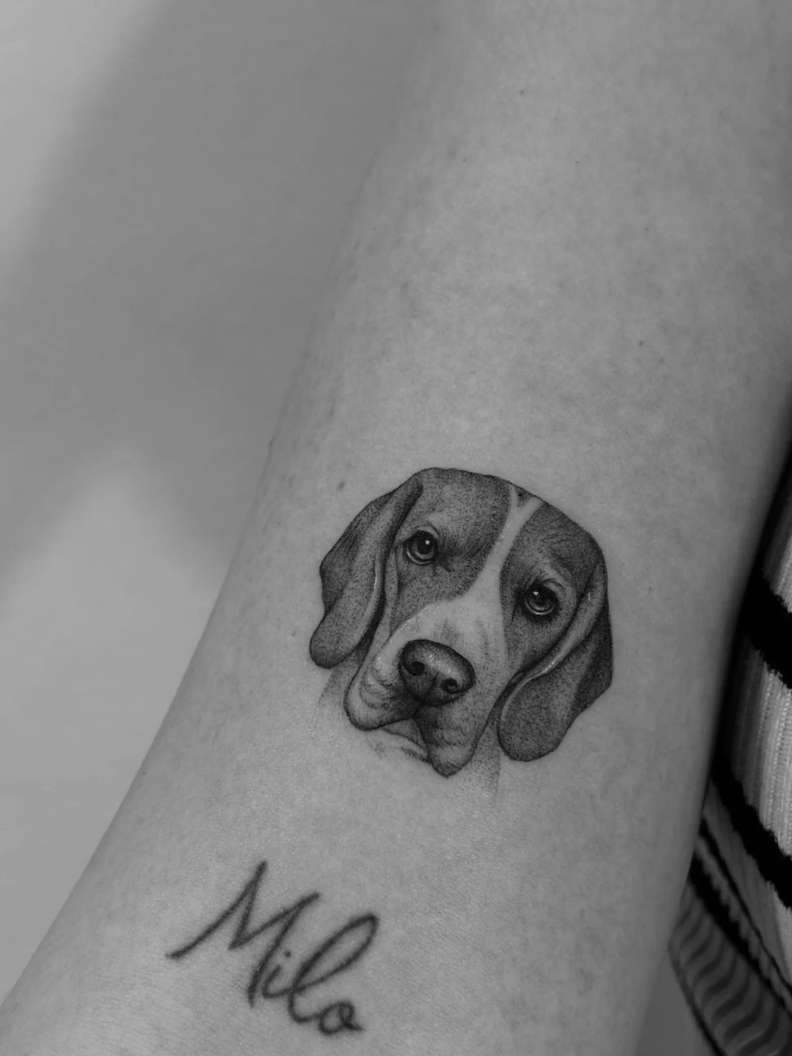 Matching fine line tattoos for a tourist couple on forearms
