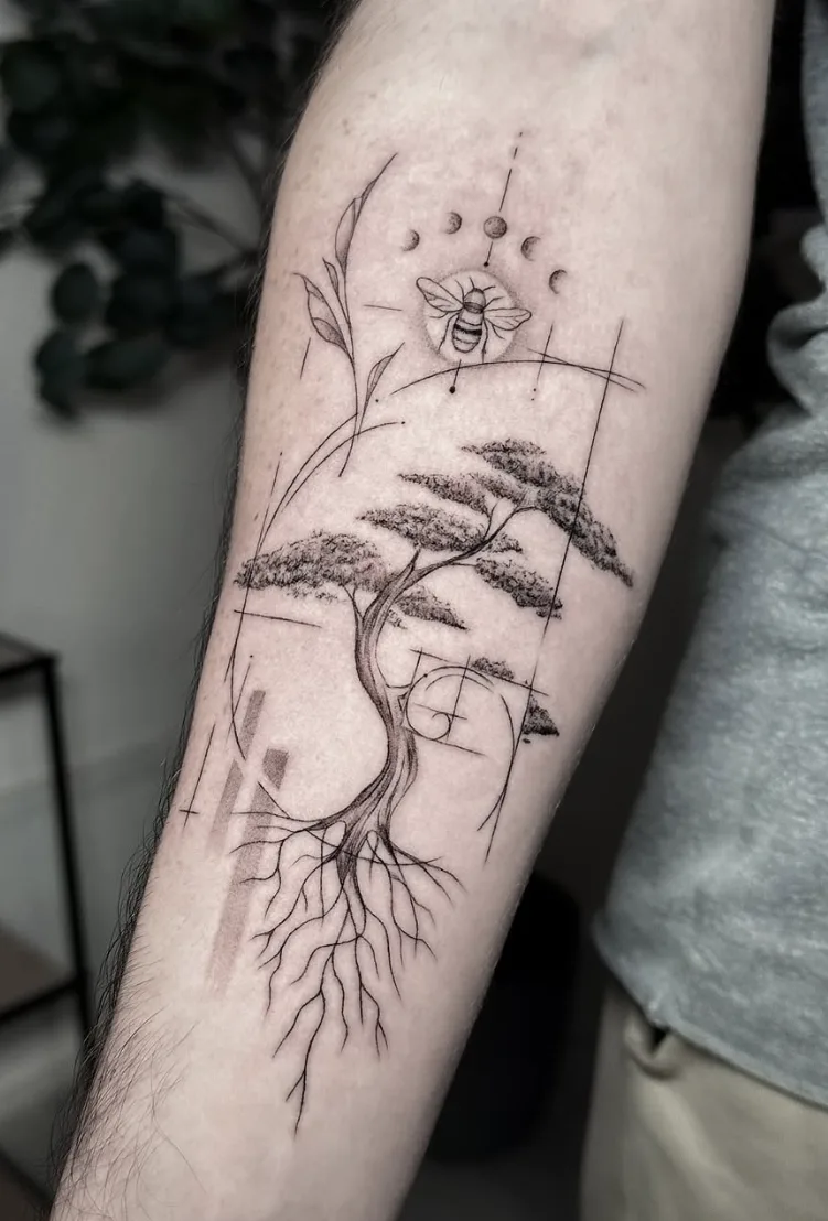 Tatuaje fineline árbol bonsái con abeja fases lunares y geometría madrid