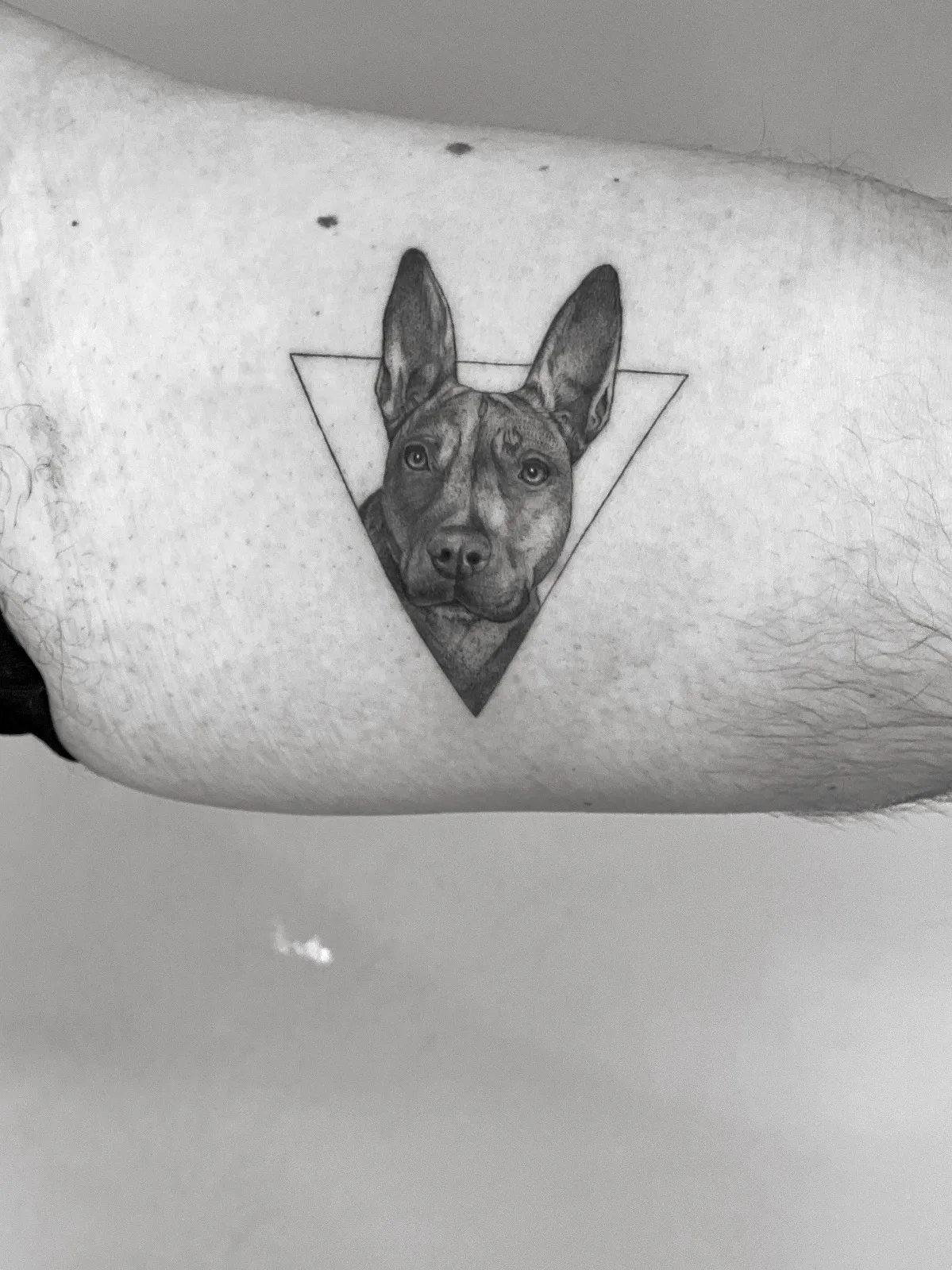 Symbolic fine line dog design combined with botanical flower
