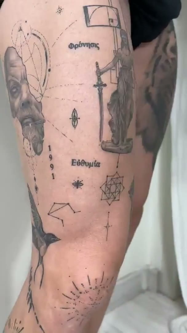 Pierna completa tatuada en fine line y microrealismo por Oriana en Sinkply Madrid